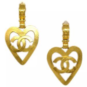 Chanel Dangle Heart Earrings Gold Clip-On 95P